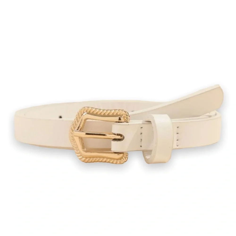 New White Faux Leather Everyday Wear Belt With Gold Tone Engraved Buckle